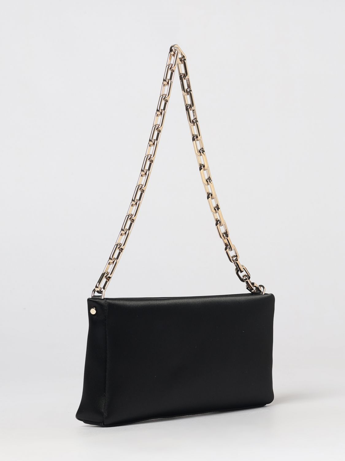 maykimay satin shoulder bag with rhinestone logo and metallic handle