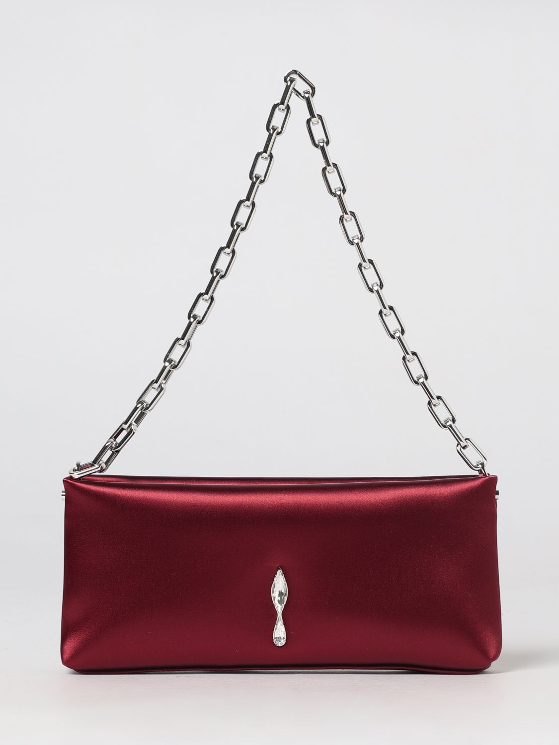 maykimay satin shoulder bag with rhinestone logo and metallic handle