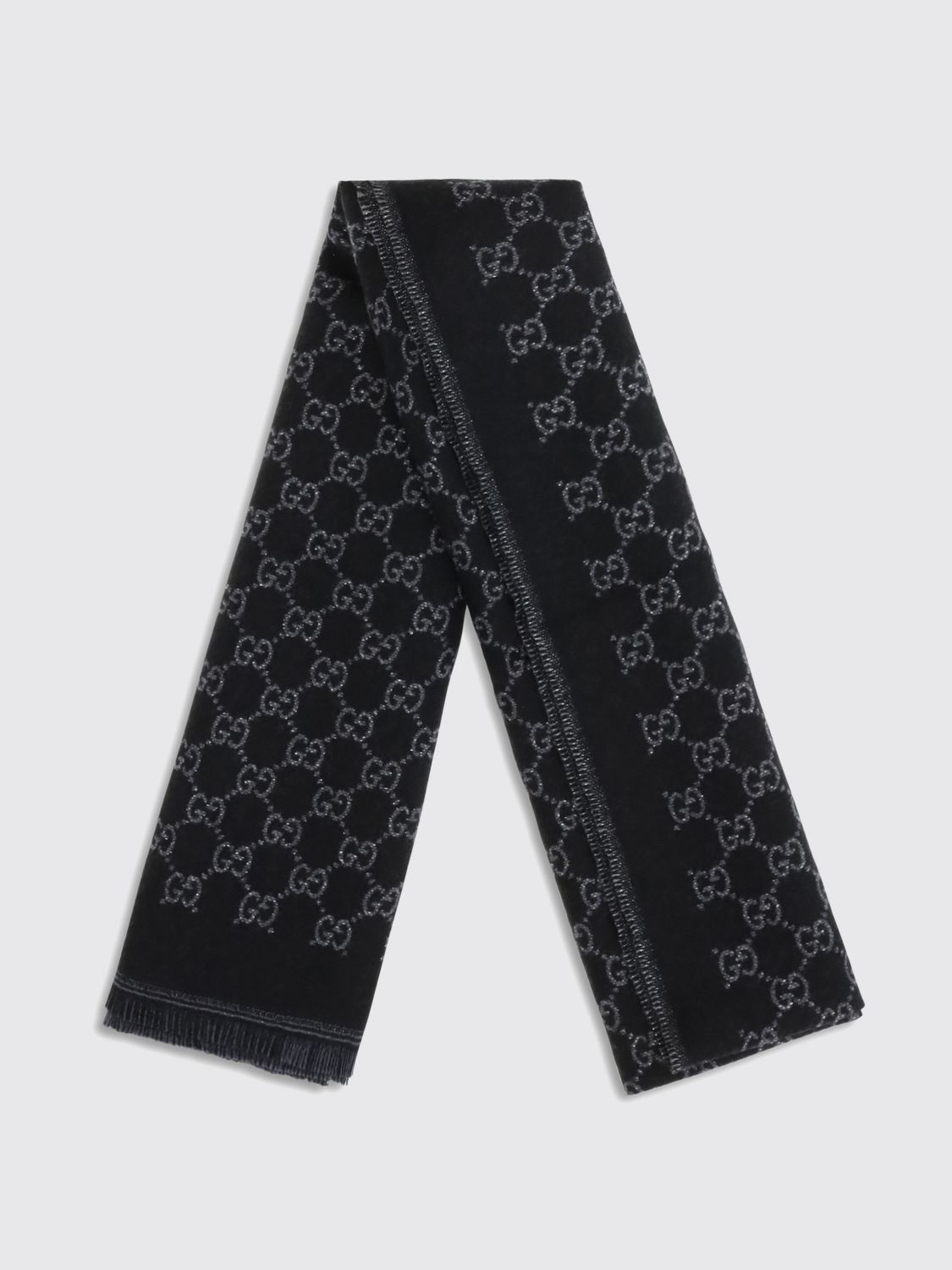 jacquard gg monogram merino wool scarf with fringed hem