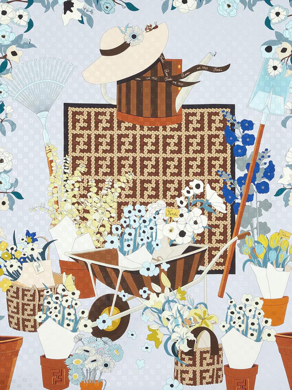 gardening floral and ff monogram print silk foulard