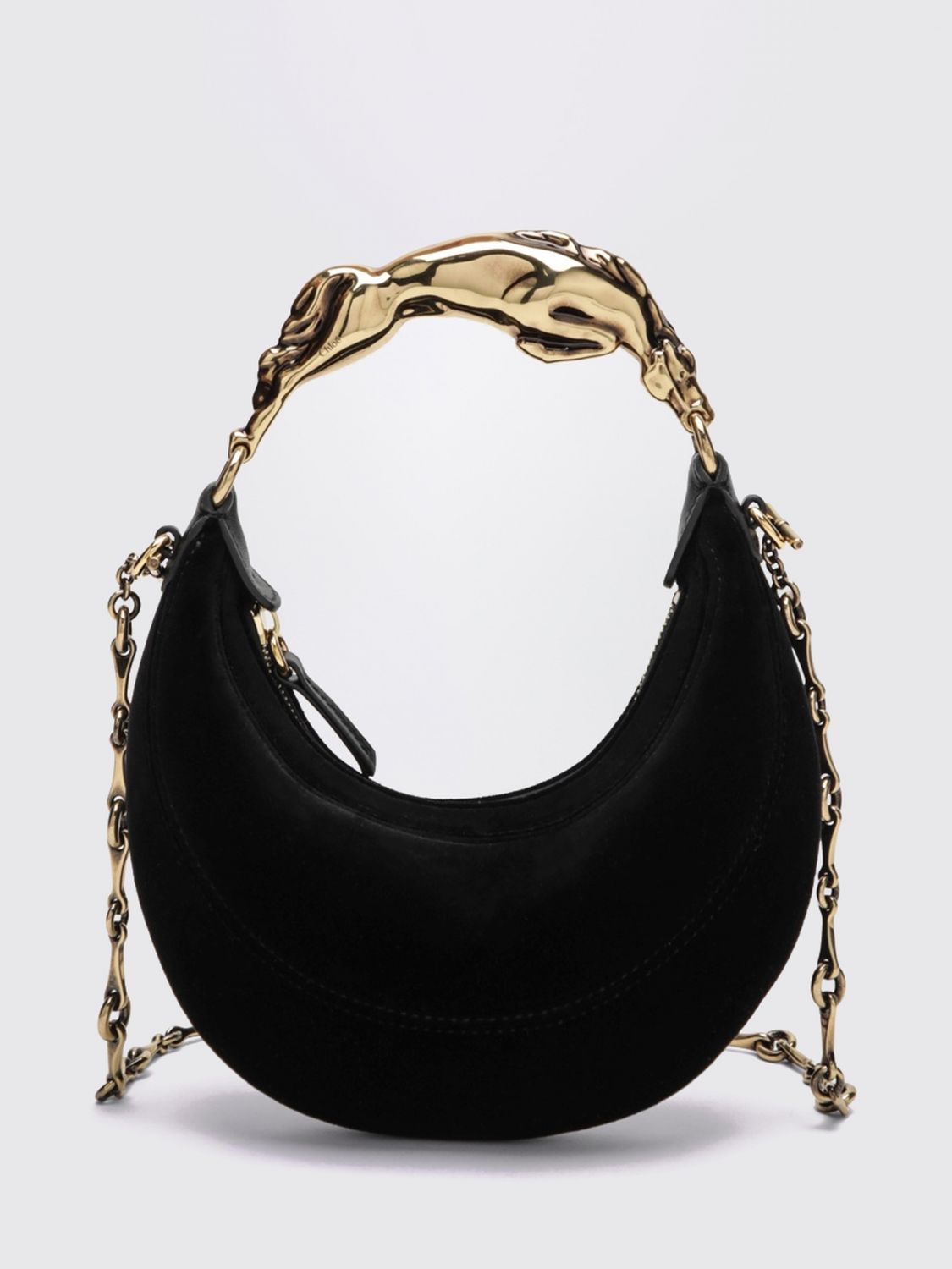 mini hobo bag chloé in leather and velvet with sculptural metal handle