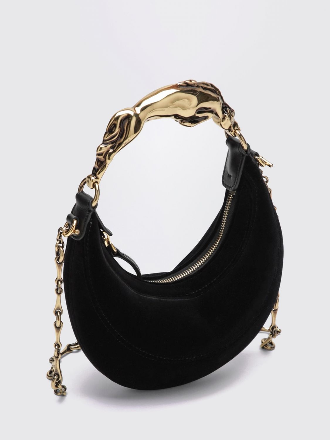 mini hobo bag chloé in leather and velvet with sculptural metal handle