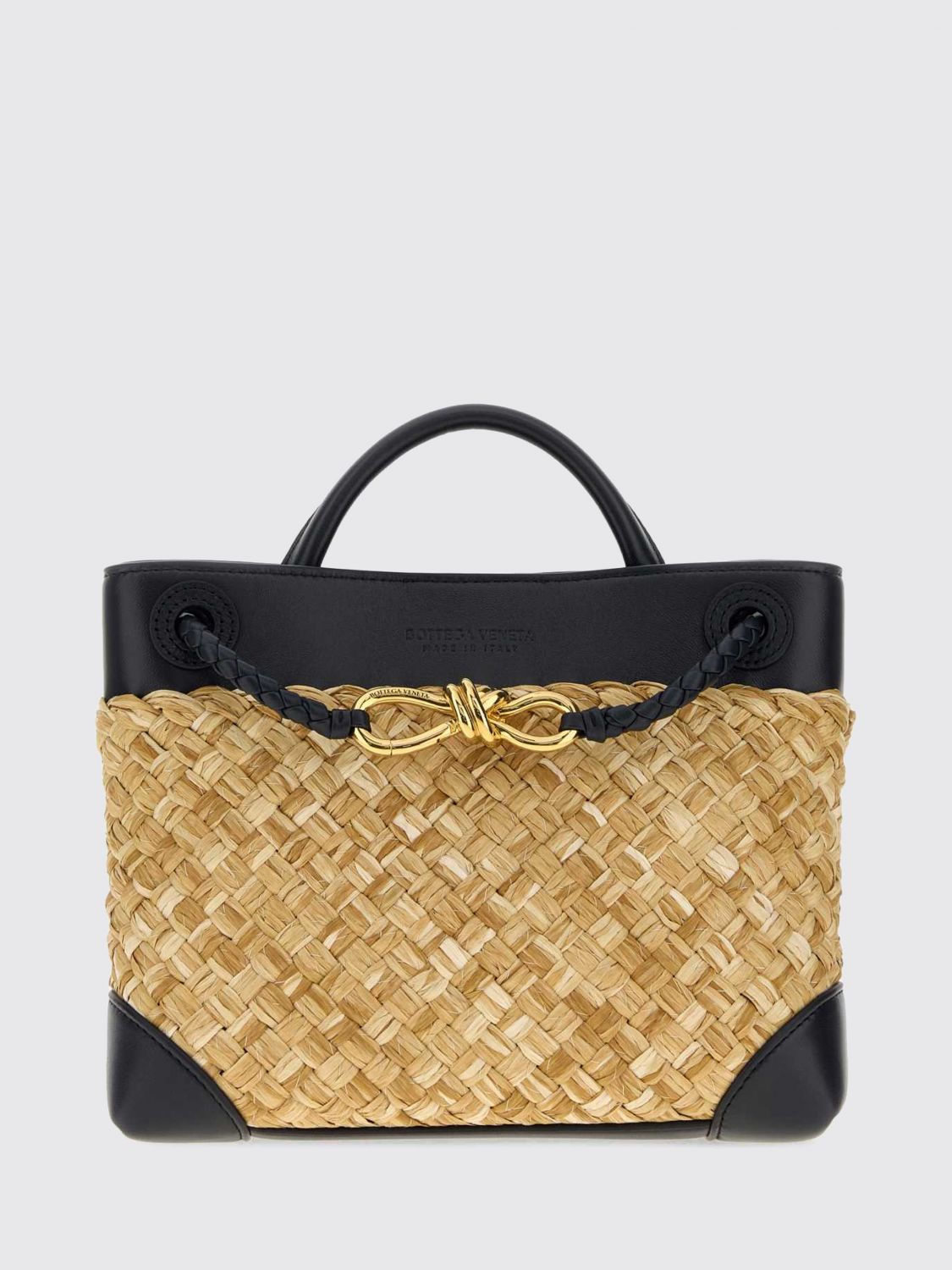andiamo small woven raffia handbag with knot charm