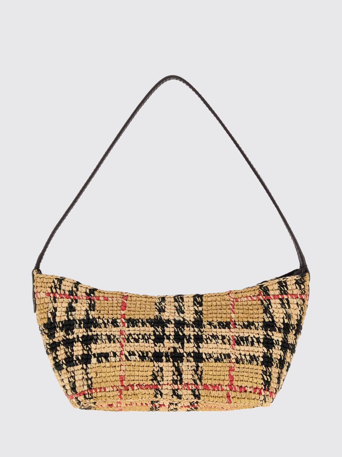 BURBERRY OS margate raffia shoulder bag with vintage check motif and leather handle