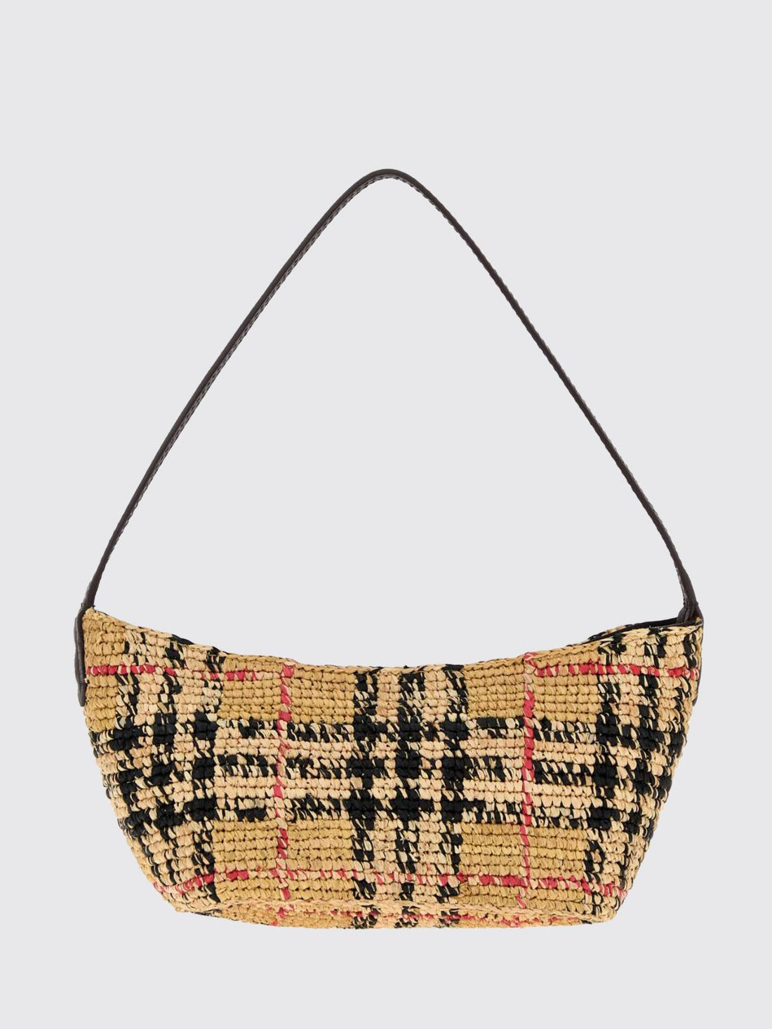 BURBERRY OS margate raffia shoulder bag with vintage check motif and leather handle