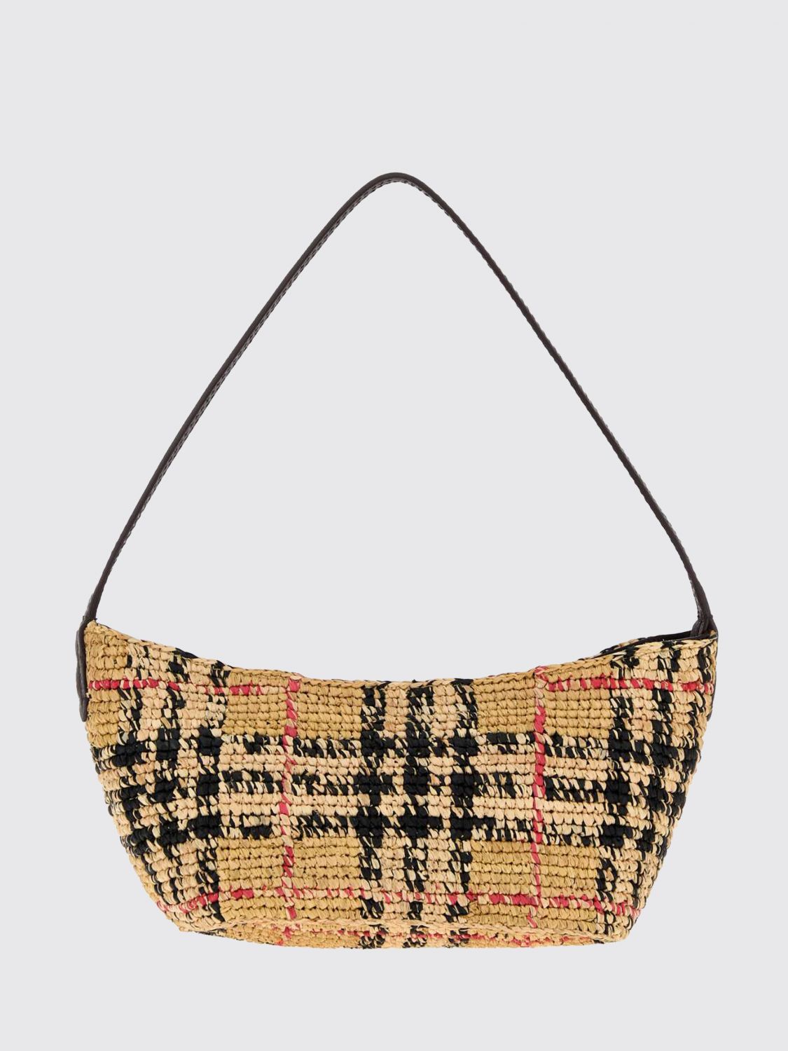 margate raffia shoulder bag with vintage check motif and leather handle