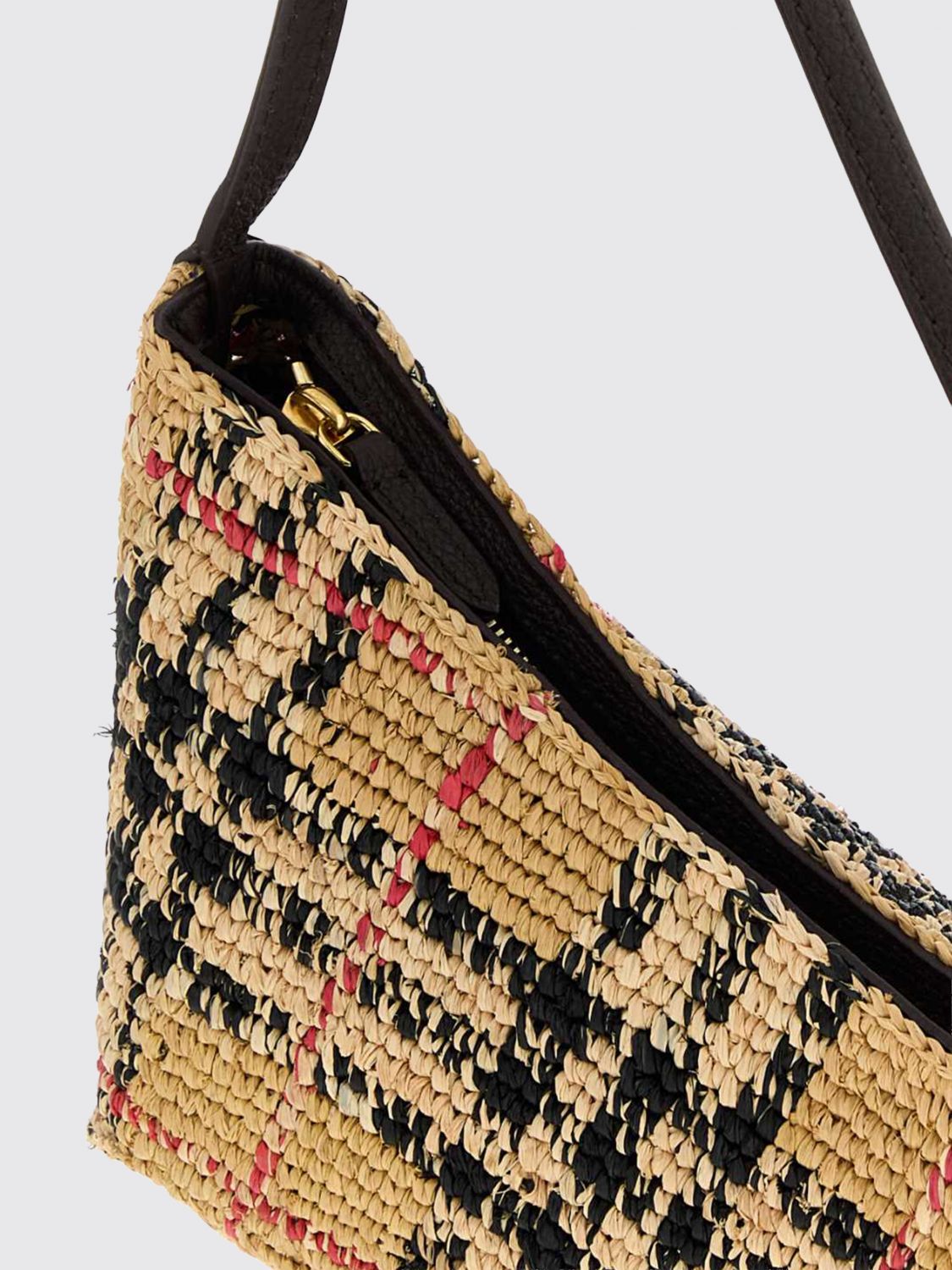 margate raffia shoulder bag with vintage check motif and leather handle