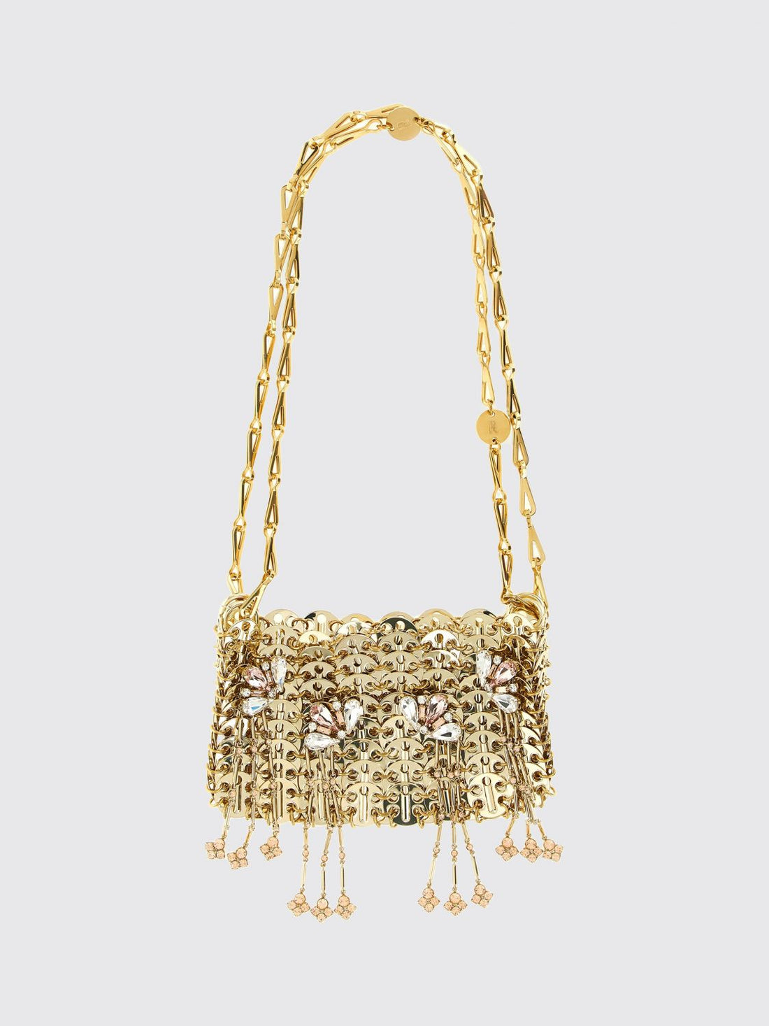 RABANNE OS 1969 nano bag in metal mesh with crystals and decorative fringes