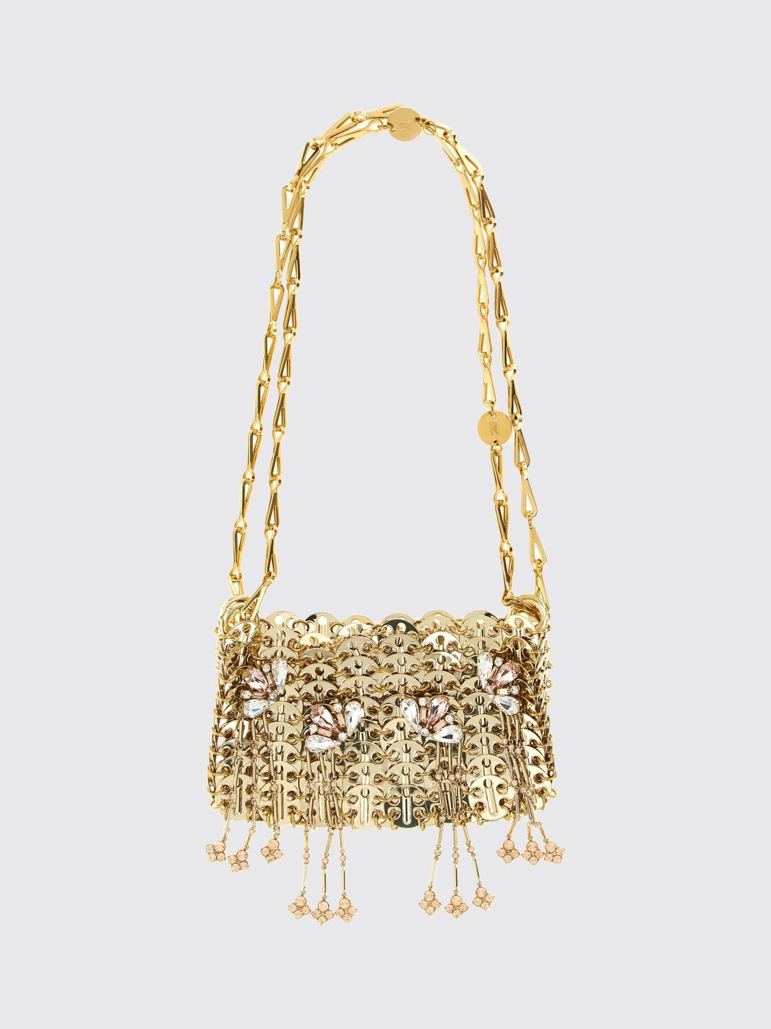 1969 nano bag in metal mesh with crystals and decorative fringes
