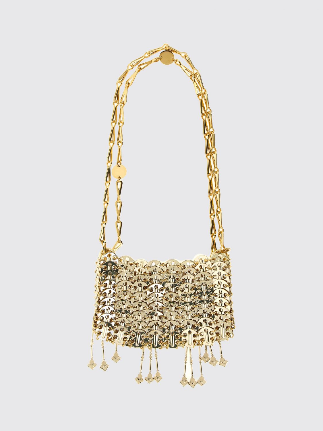 1969 nano bag in metal mesh with crystals and decorative fringes