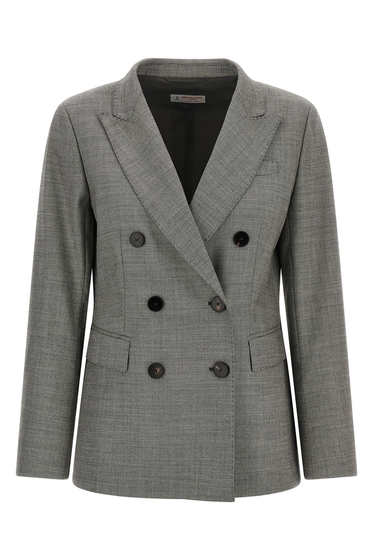 alberto biani double-breasted grey grisaille blazer defines the codes of contemp