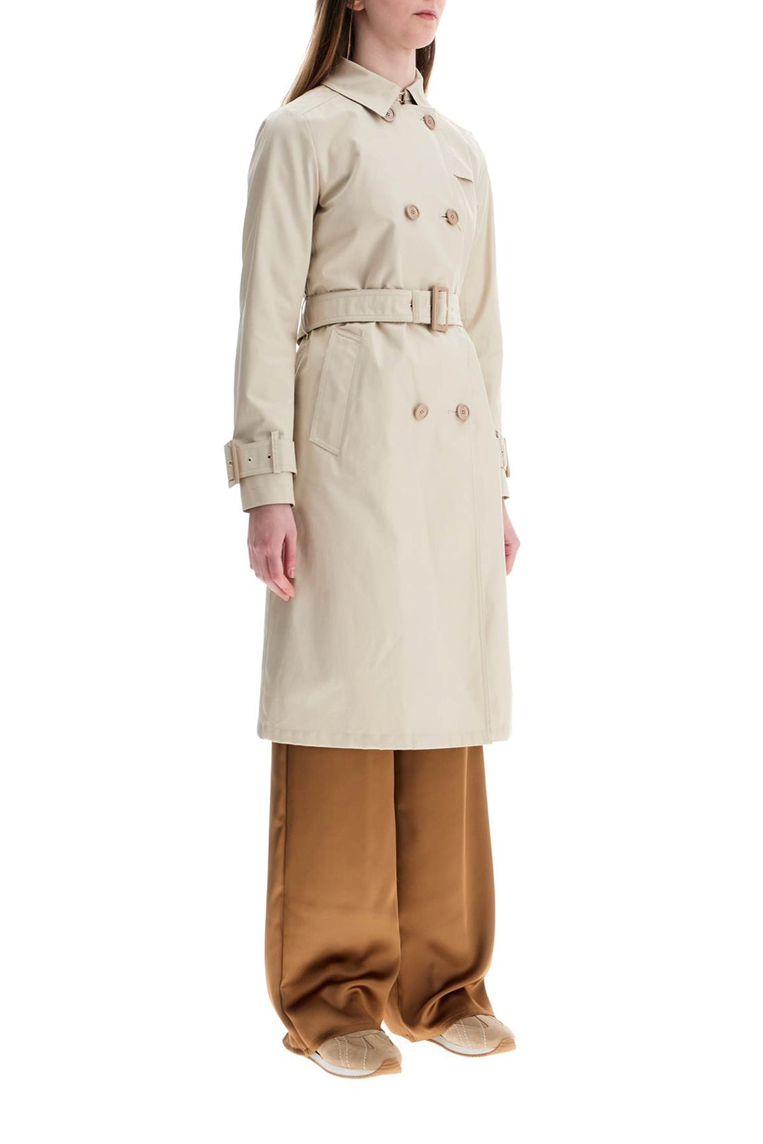 beige cotton double-breasted trench coat with adjustable sleeves