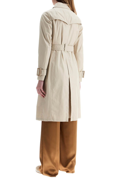 beige cotton double-breasted trench coat with adjustable sleeves