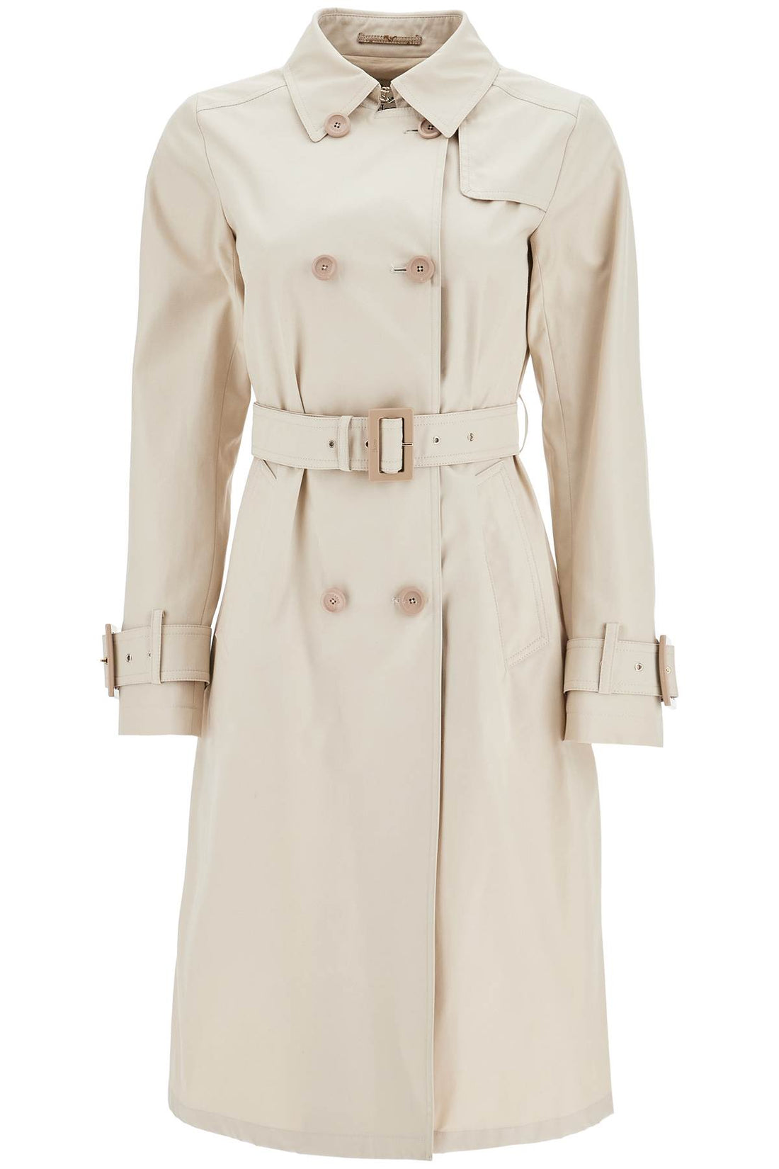 beige cotton double-breasted trench coat with adjustable sleeves