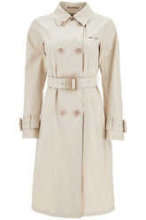 beige cotton double-breasted trench coat with adjustable sleeves