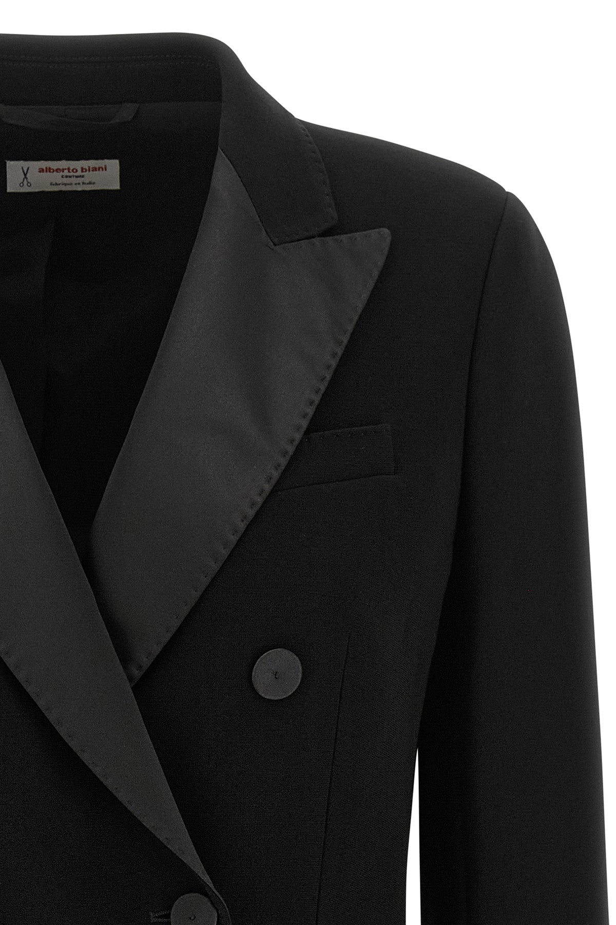 black triacetate double-breasted six covered buttons peak lapels tone on tone al