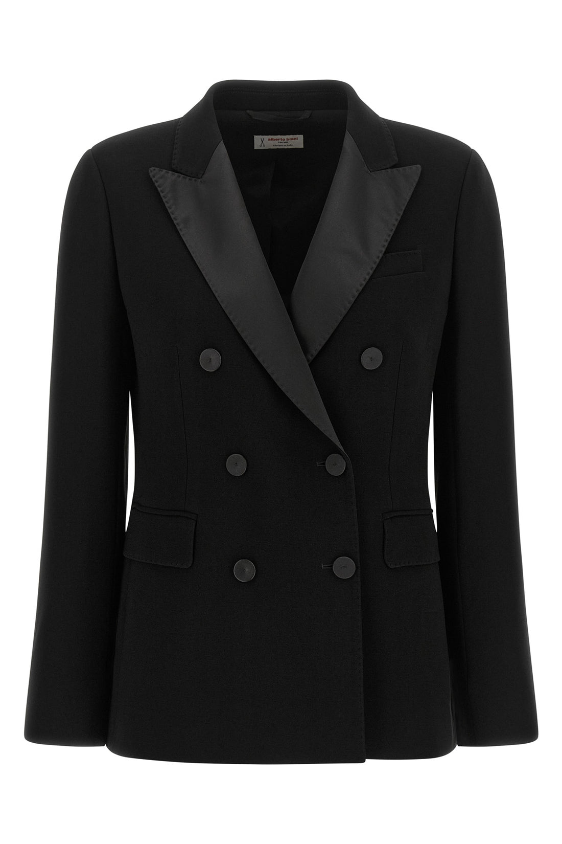 ALBERTO BIANI 40 black triacetate double-breasted six covered buttons peak lapels tone on tone al