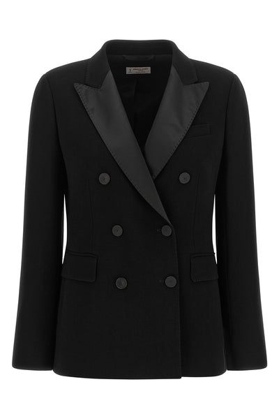 black triacetate double-breasted six covered buttons peak lapels tone on tone al