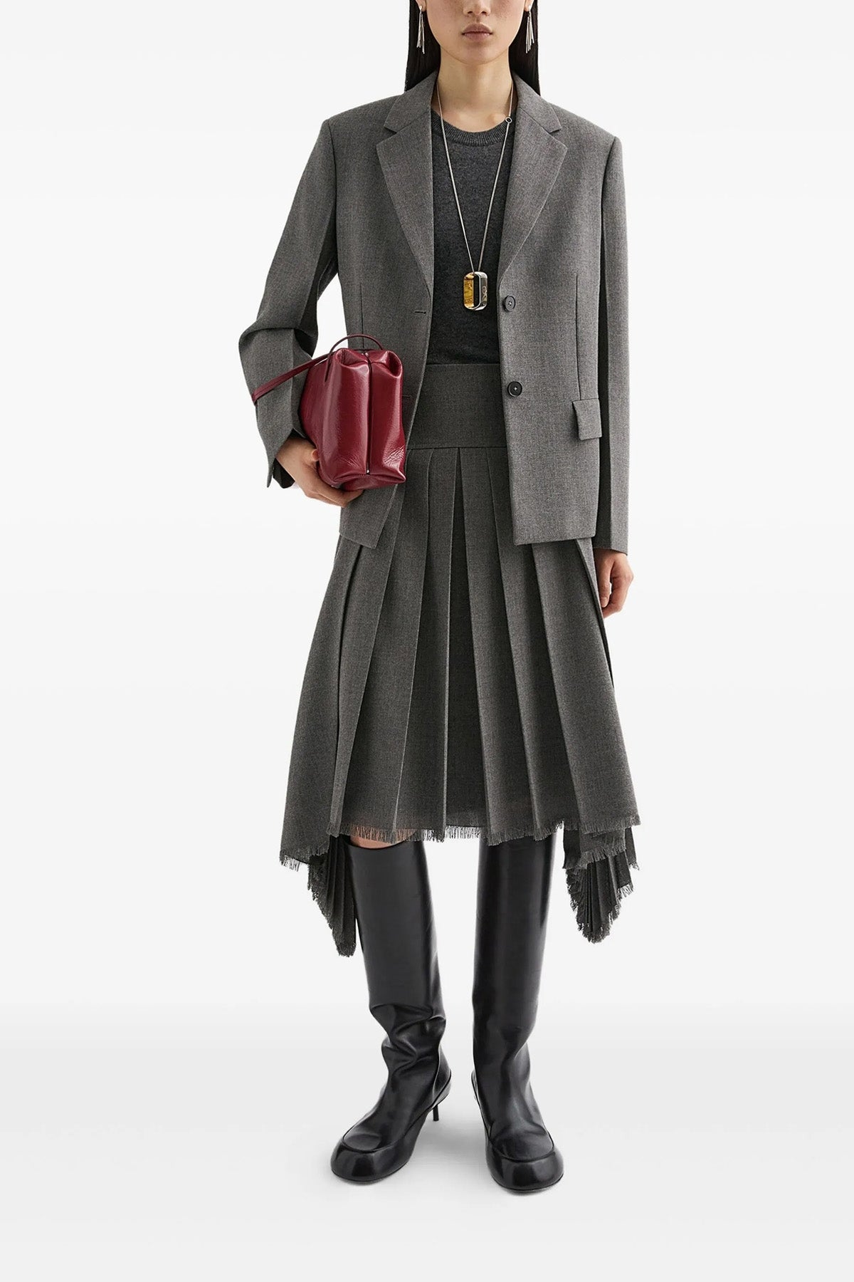 pleated wool canvas midi skirt