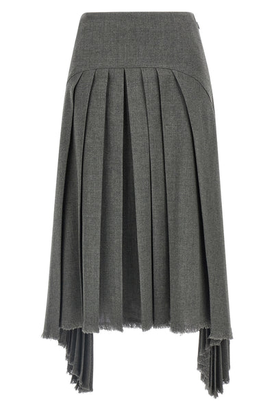 pleated wool canvas midi skirt