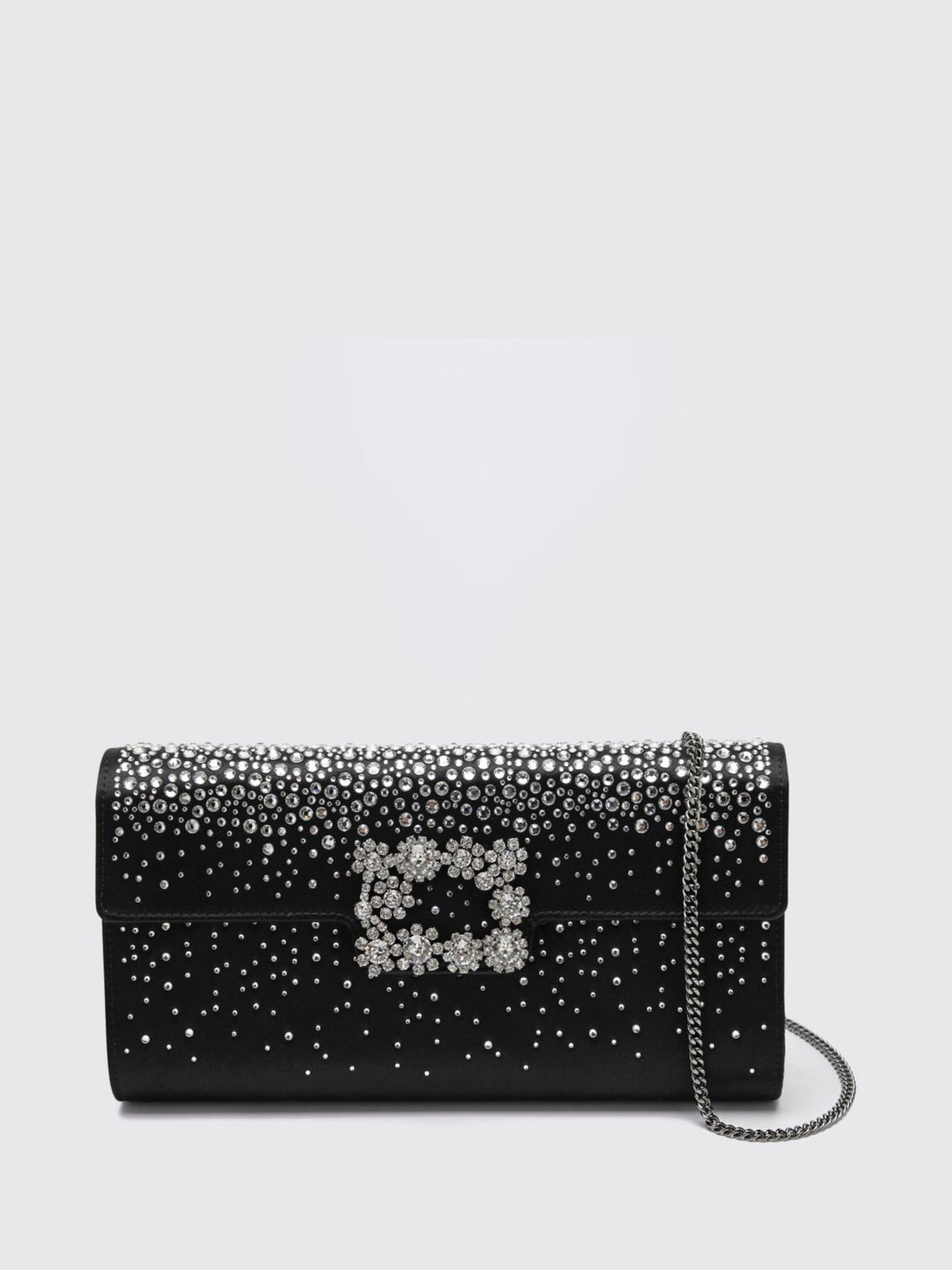 ROGER VIVIER OS grey satin clutch with jewel buckle and crystals