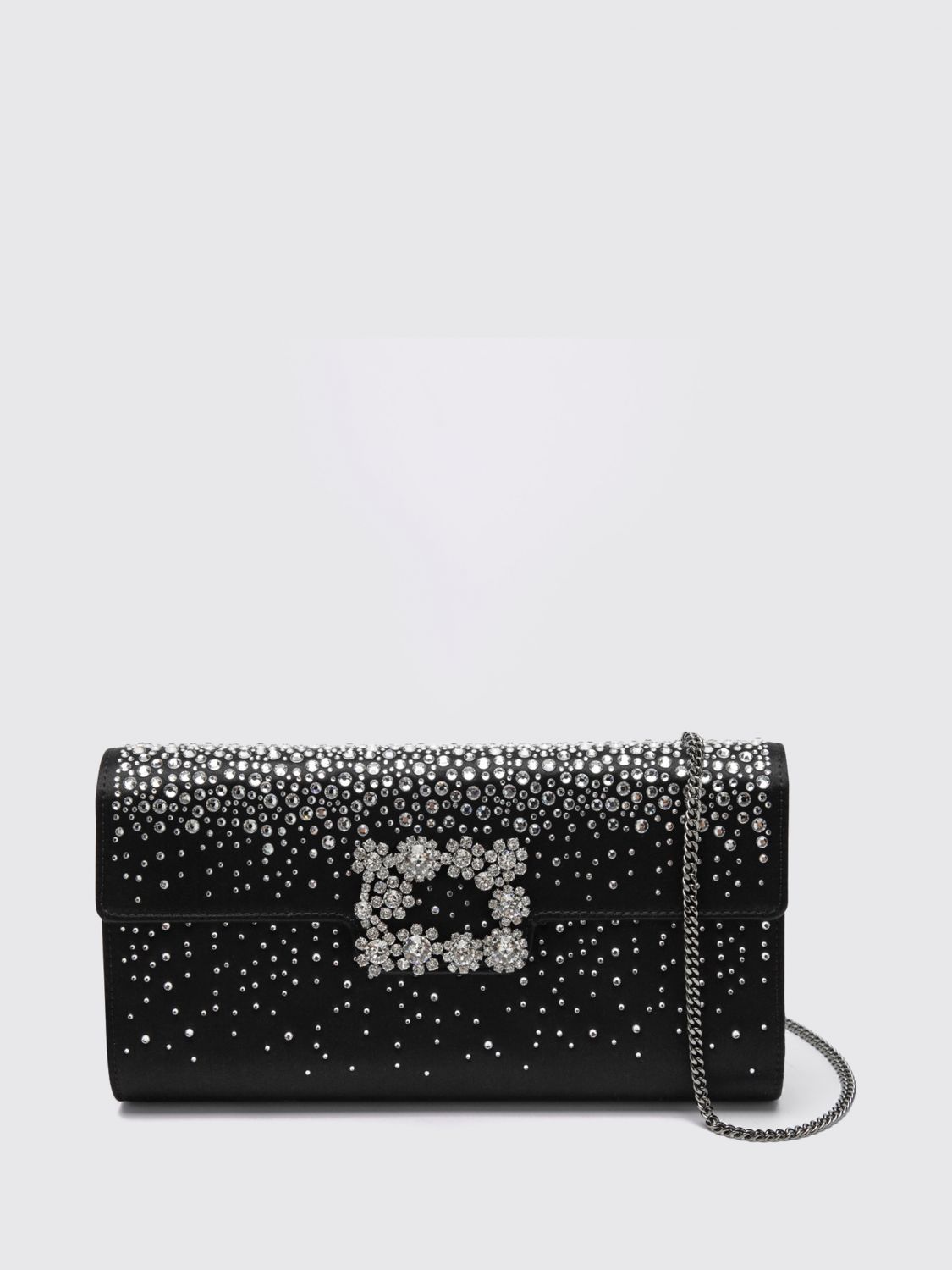 grey satin clutch with jewel buckle and crystals