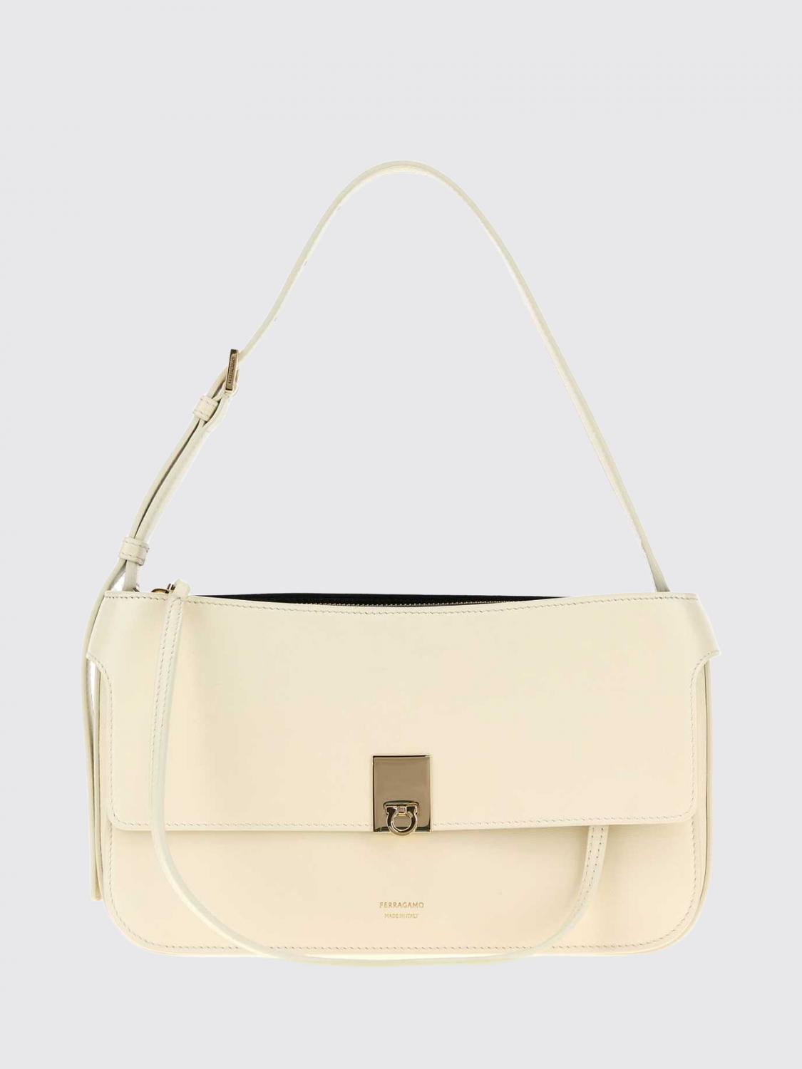 smooth leather shoulder bag with clasp closure and laminated logo