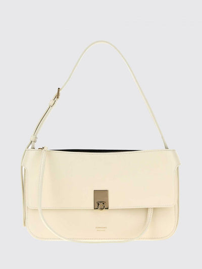 smooth leather shoulder bag with clasp closure and laminated logo