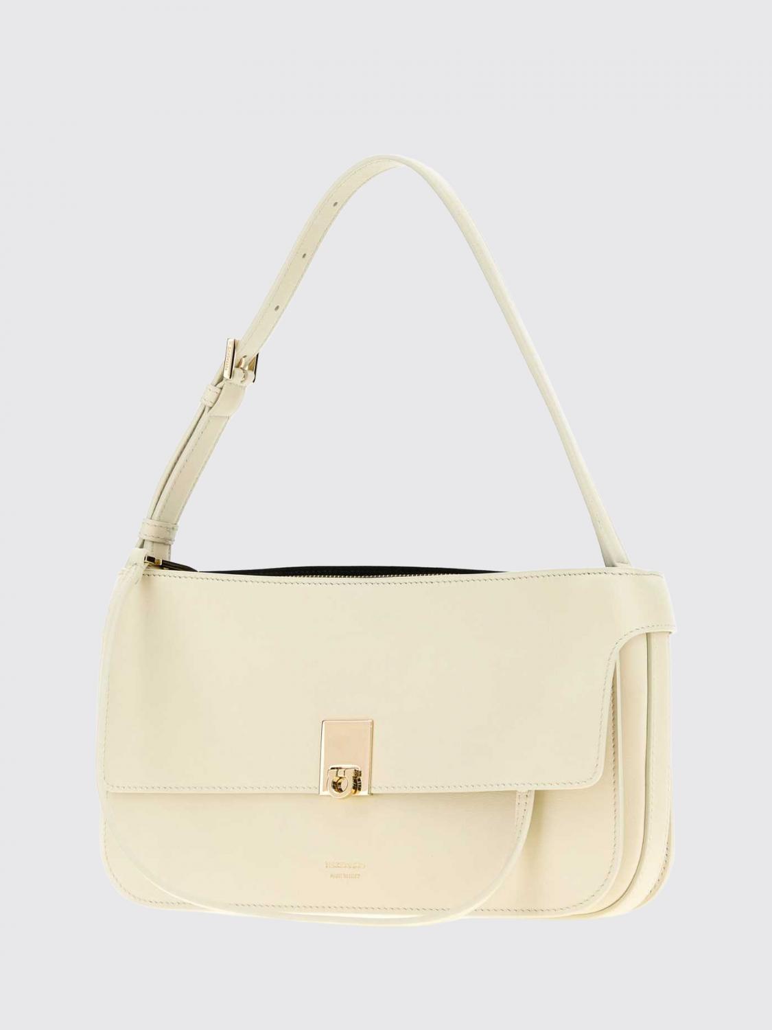 smooth leather shoulder bag with clasp closure and laminated logo