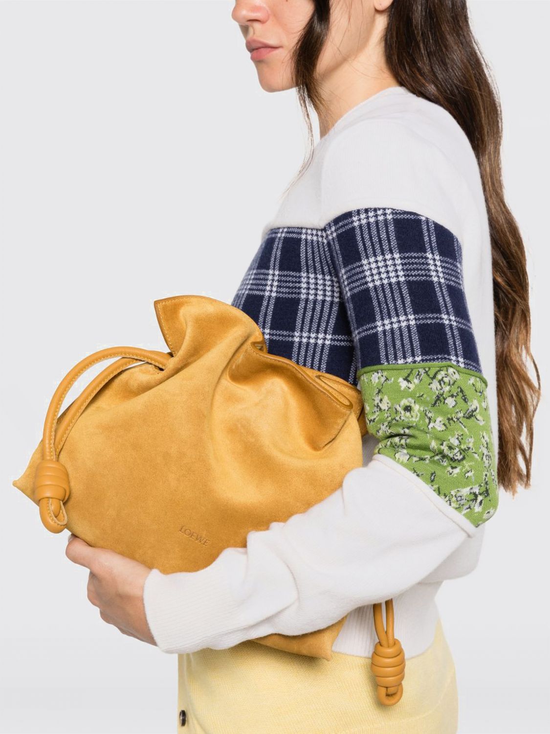 flamenco suede bucket clutch with drawstring