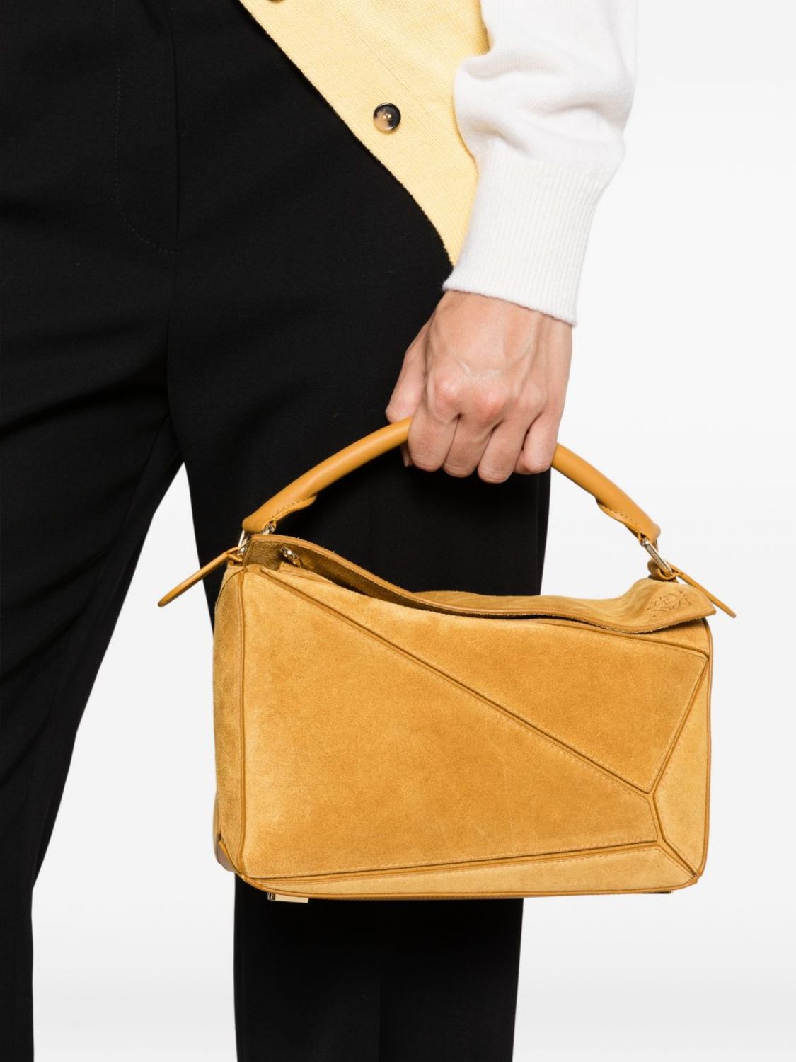 featherlight puzzle suede handbag with tubular handle