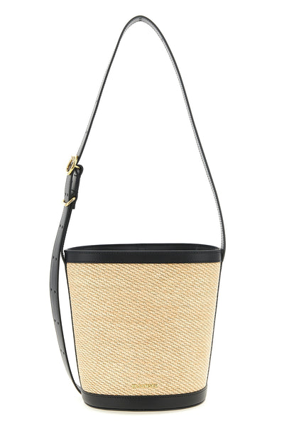 contrast raffia and leather shoulder bag