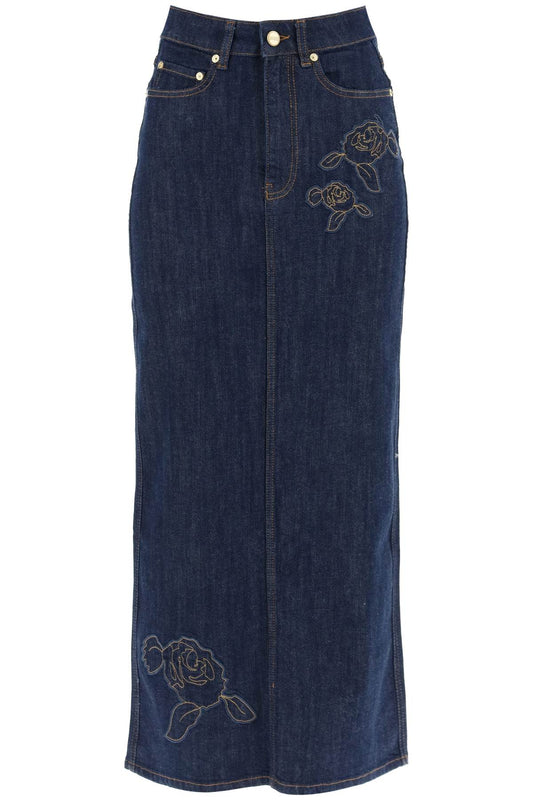 maxi denim skirt with pink embroidery