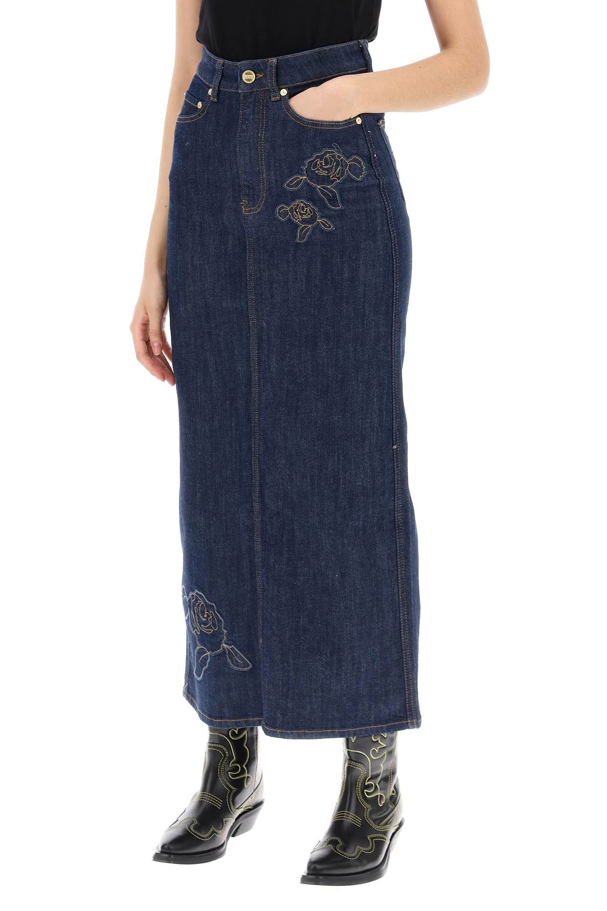 maxi denim skirt with pink embroidery