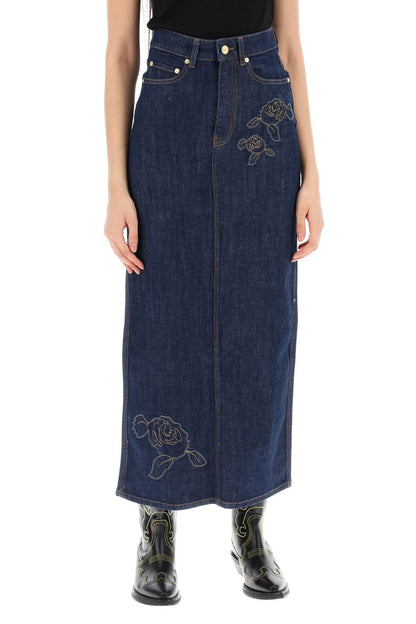 maxi denim skirt with pink embroidery