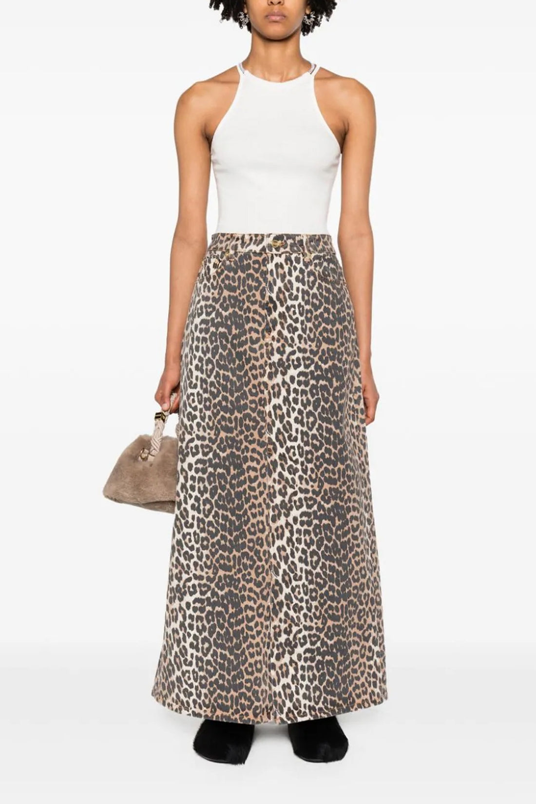GANNI 34 long skirt in leopard-print cotton denim