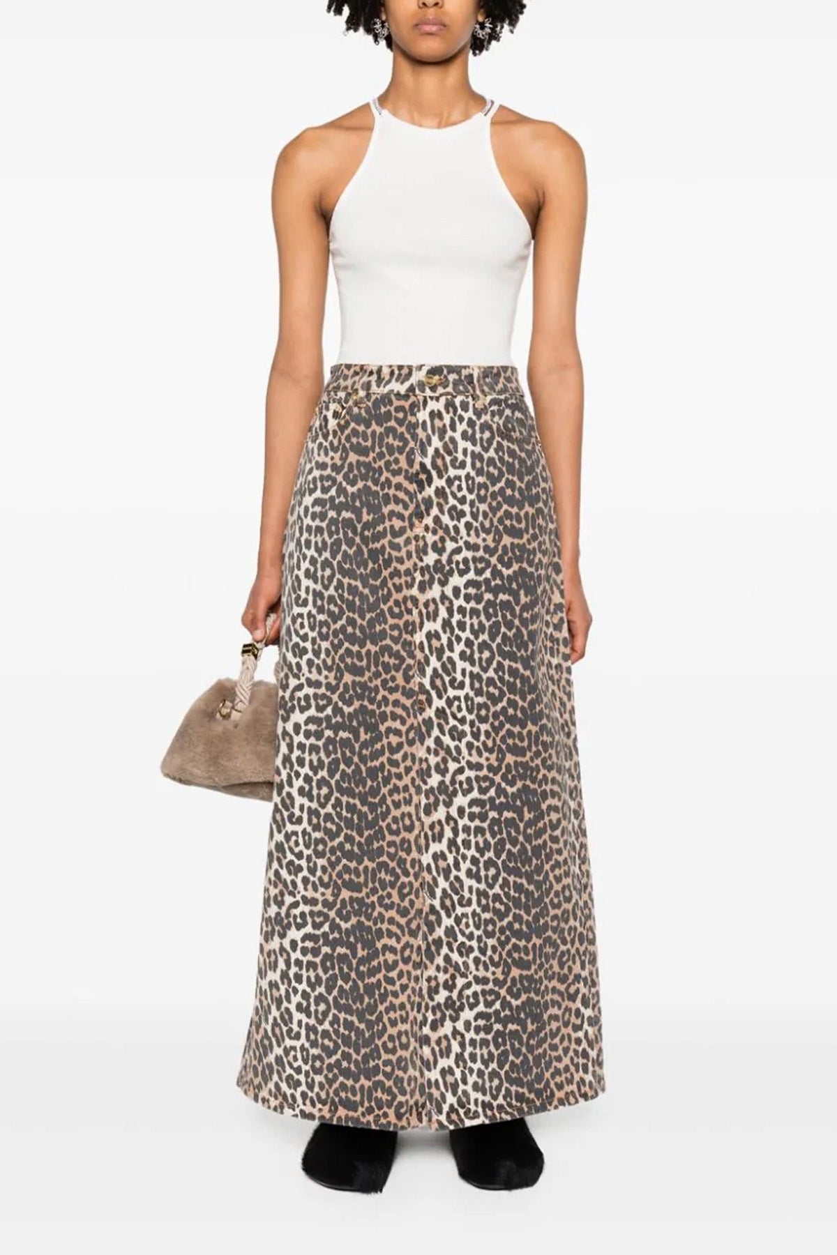 long skirt in leopard-print cotton denim