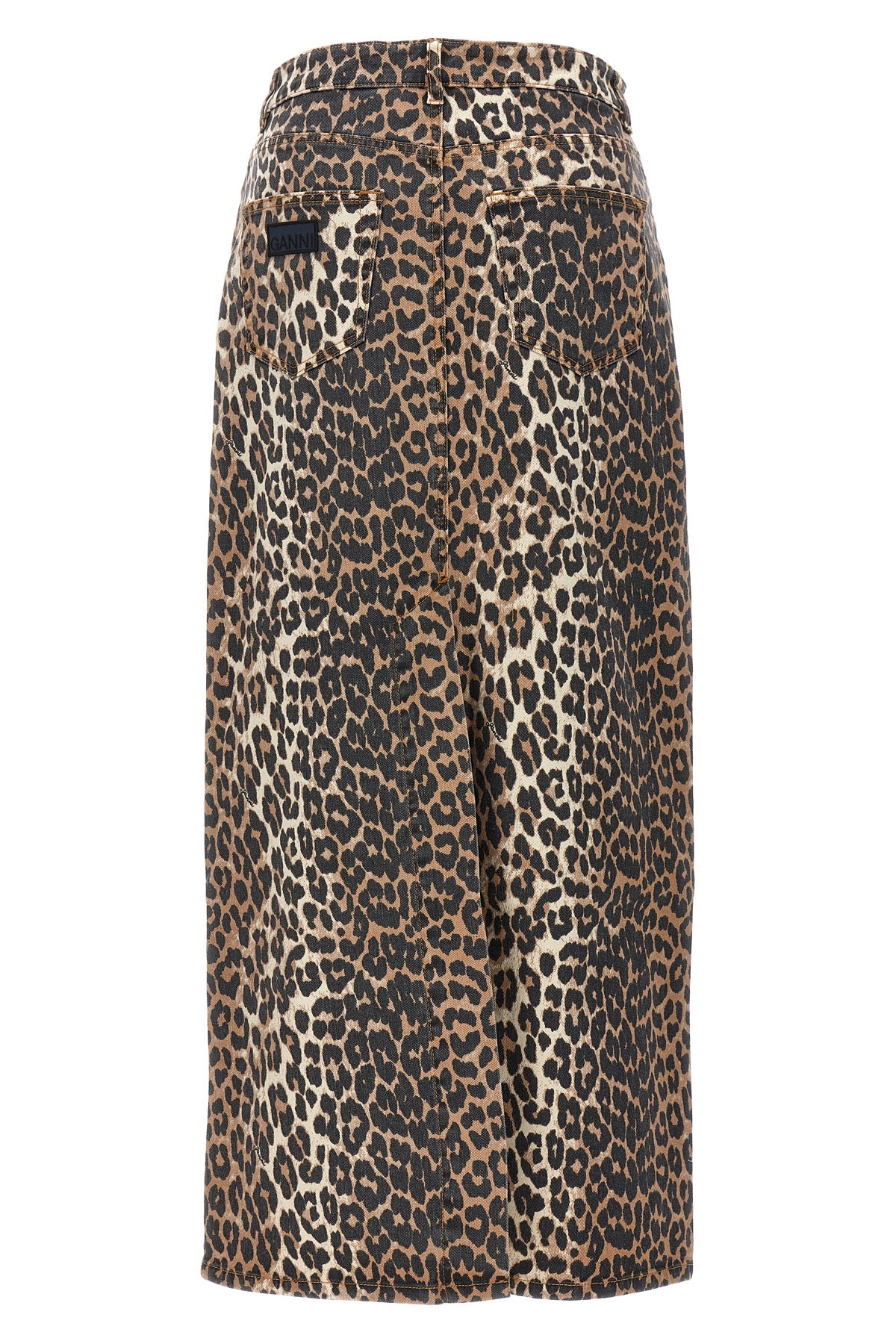 long skirt in leopard-print cotton denim
