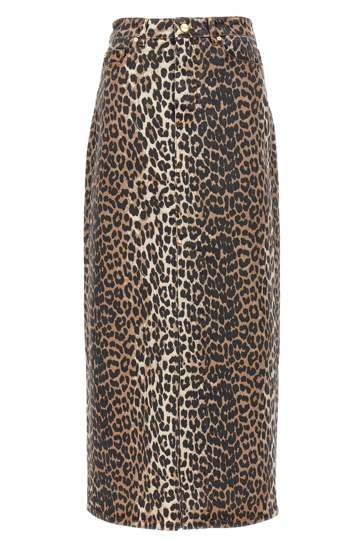 long skirt in leopard-print cotton denim