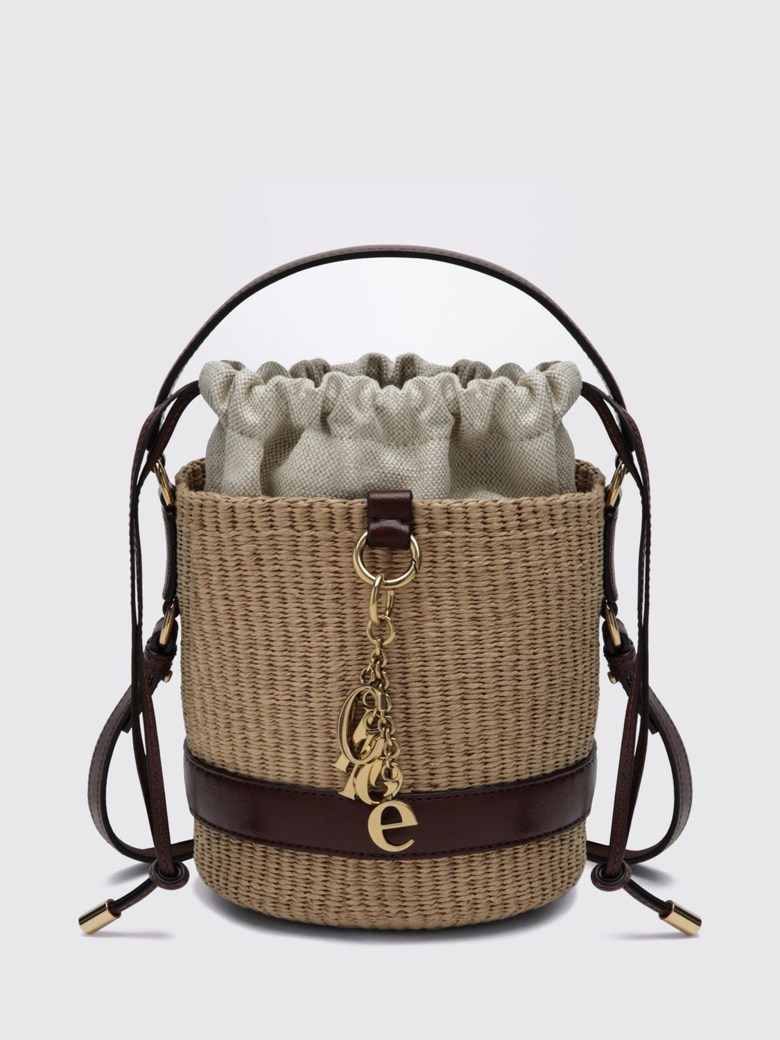 chloé raffia and calfskin leather mini bucket bag with metallic logo