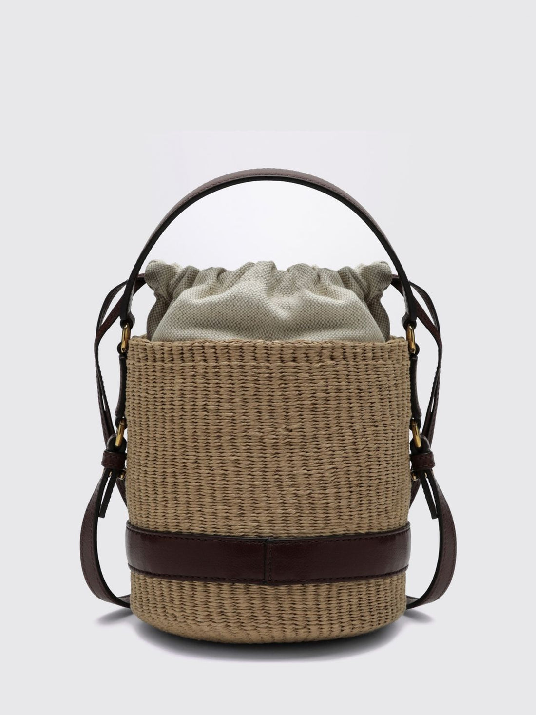 CHLOÉ OS chloé raffia and calfskin leather mini bucket bag with metallic logo