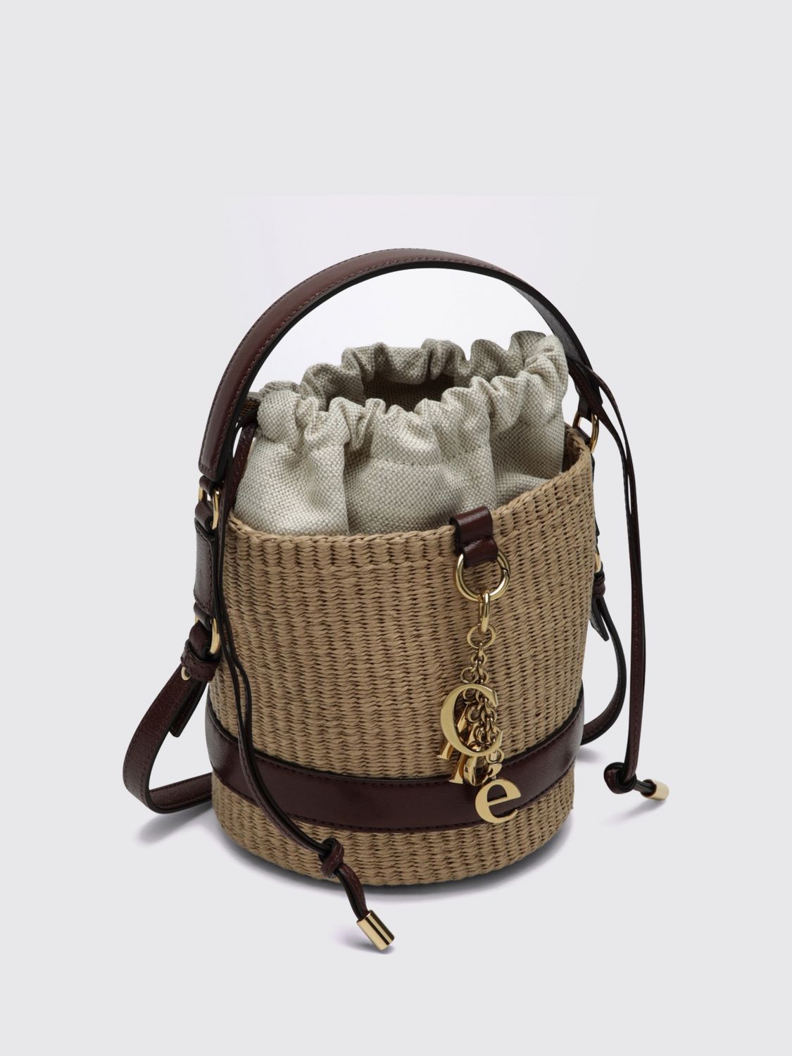 chloé raffia and calfskin leather mini bucket bag with metallic logo