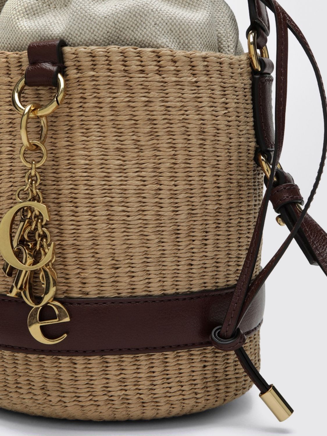 chloé raffia and calfskin leather mini bucket bag with metallic logo