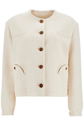 cropped cream cotton bolero with buttons and pockets