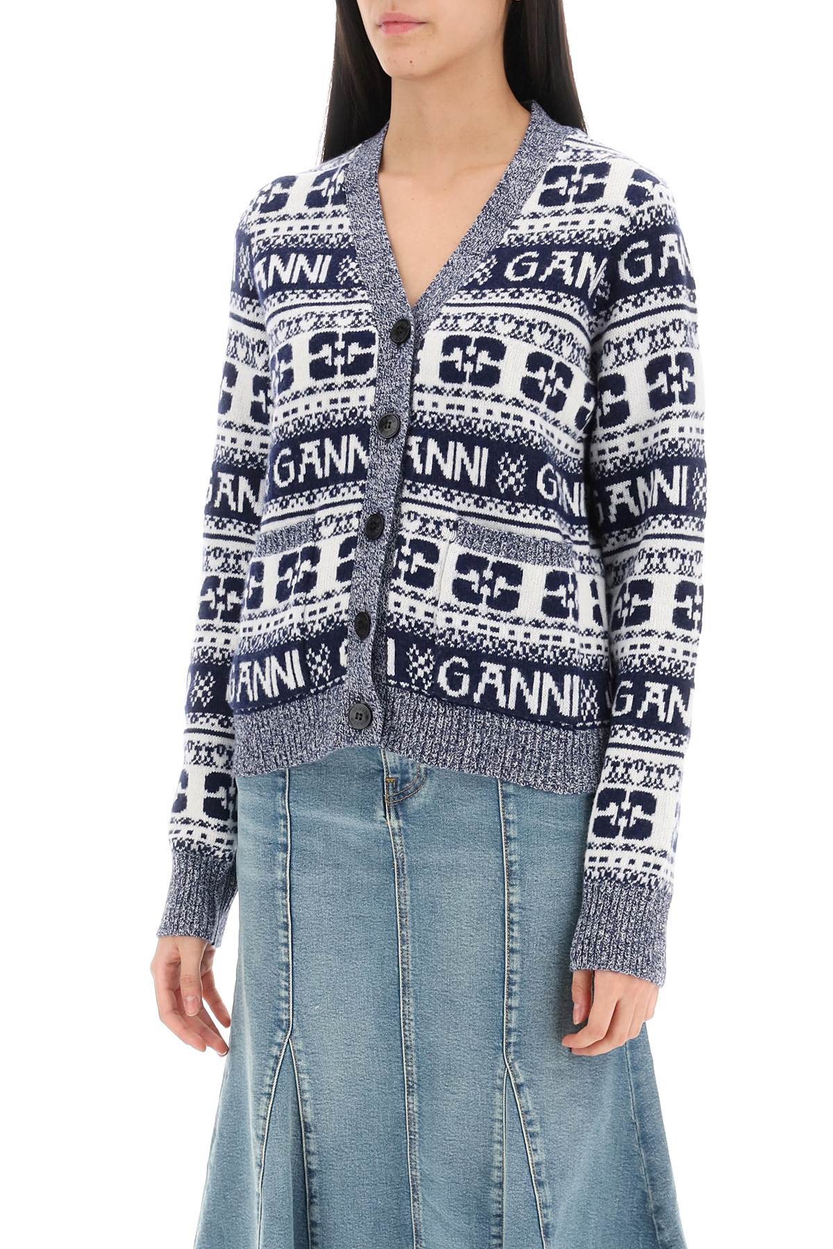 jacquard wool cardigan with logo pattern