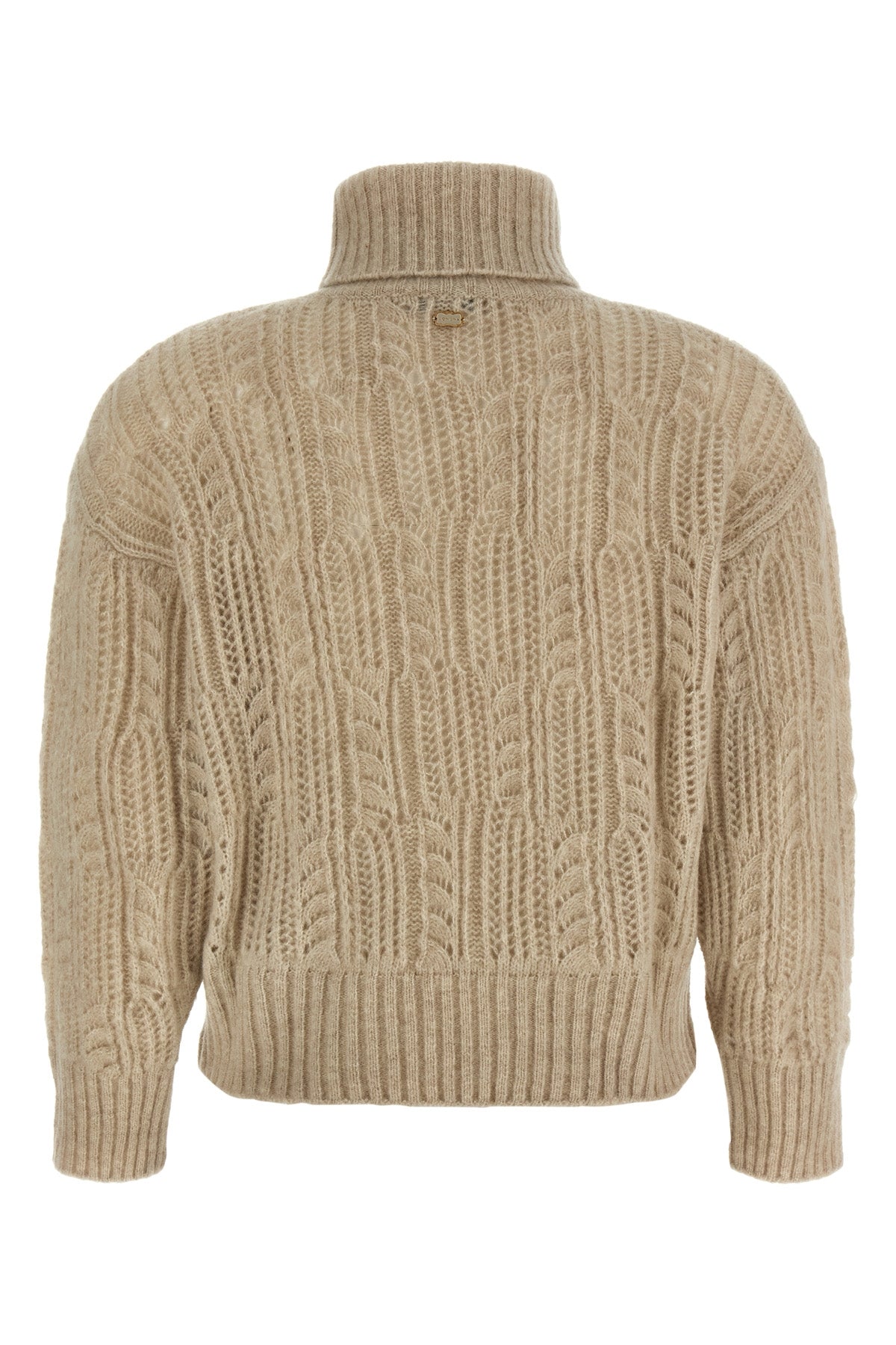 the agnona high neck sweater in beige tones is distinguished by a complex perfor