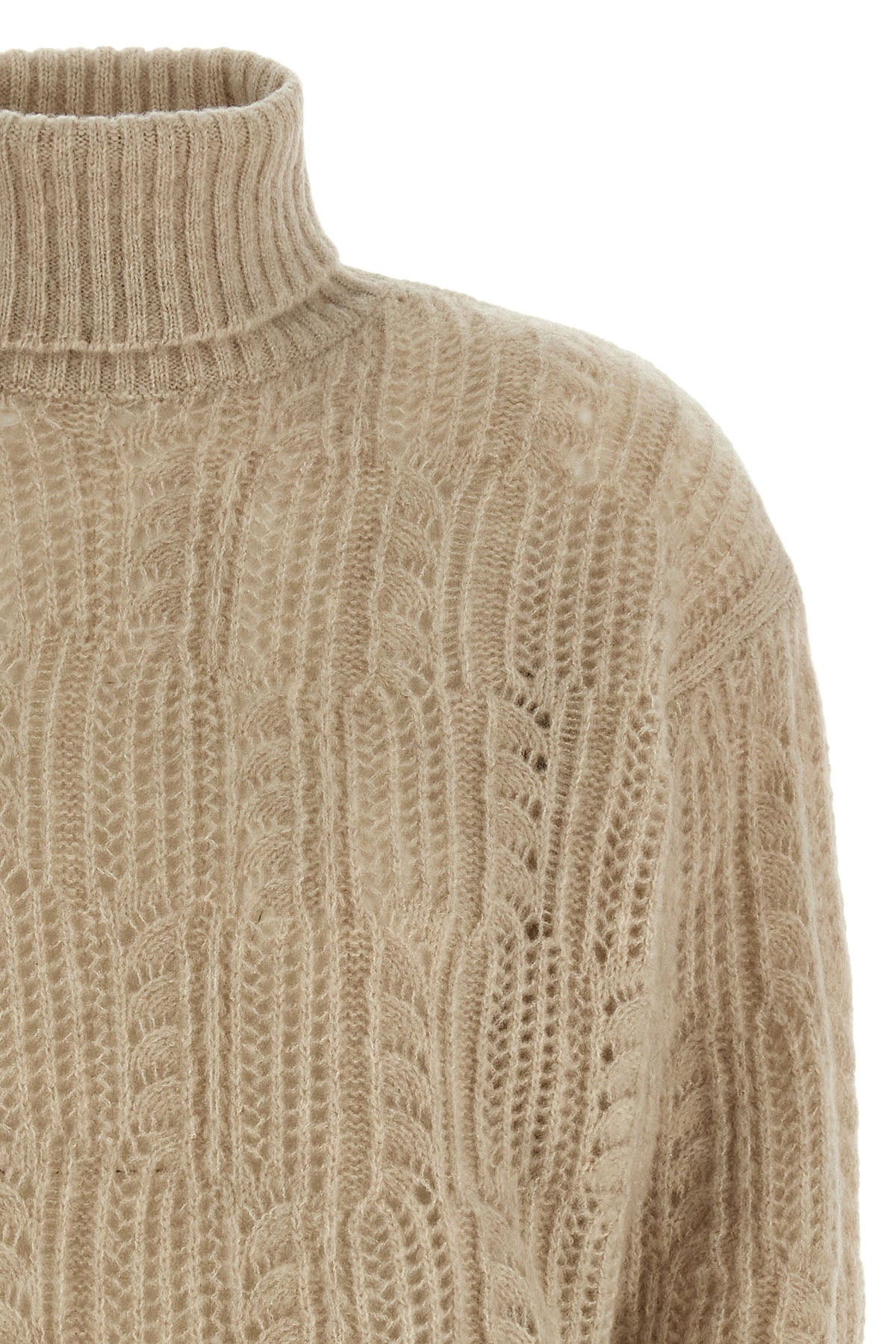 the agnona high neck sweater in beige tones is distinguished by a complex perfor