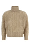 the agnona high neck sweater in beige tones is distinguished by a complex perfor
