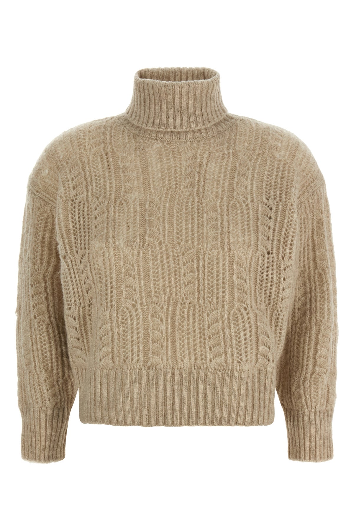the agnona high neck sweater in beige tones is distinguished by a complex perfor