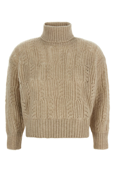 the agnona high neck sweater in beige tones is distinguished by a complex perfor
